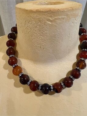 Classic Gold and Brown Handcrafted Tigers Eye Beaded Necklace with Rhinestones